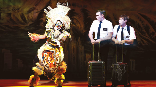 Phyre Hawkins, Ryan Bondy and A.J. Holmes in <em>The Book of Mormon</em>.