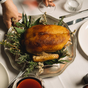 Magret de canard. Duck crown, cured and dry aged for 6 days, ensuring a crispy skin. Served with grilled radicchio and fig salad, and thyme jus.