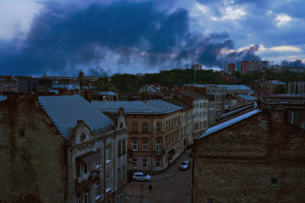 Smoke rises after a Russian missile strike in Lviv, Ukraine.