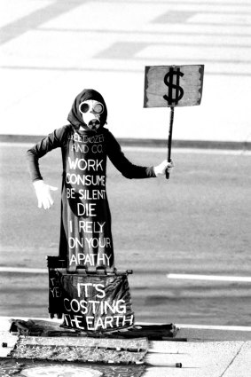 A protester attending the 1983 Economic Summit. 