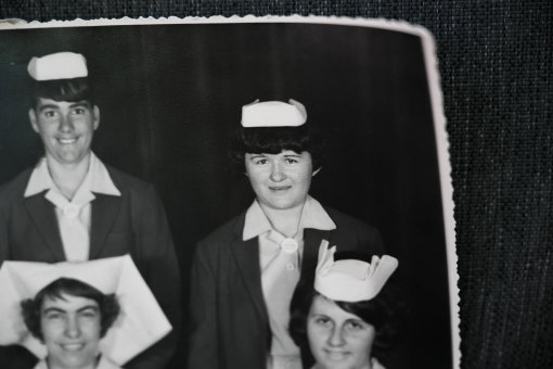 Margaret Tippett (rear, right) as a trainee mothercraft nurse at Presbyterian Babies Home in about 1968.