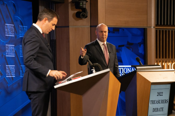 Josh Frydenberg and Jim Chalmers debating each other at the Federal Election Treasury Debate today.