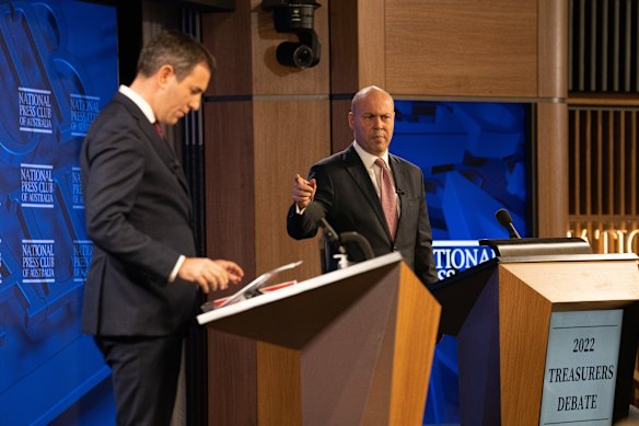 Josh Frydenberg and Jim Chalmers debating each other at the Federal Election Treasury Debate today.