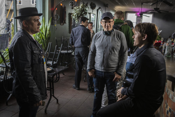 Joe Russo (left) and Anthony Russo with Tom Holland on the set of Cherry.