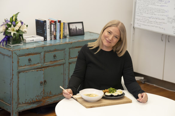 TV producer Bruna Papandrea lunches on Japanese in her Sydney office.