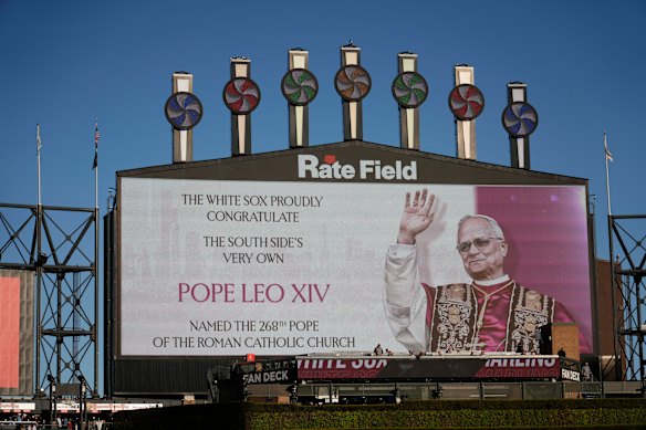The Chicago White Sox honour Pope Leo XIV on the scoreboard before a baseball game.