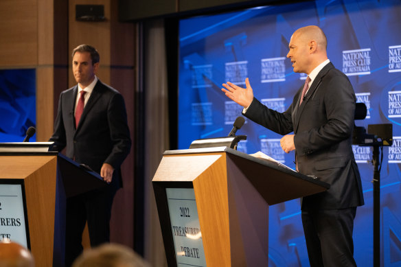 Treasurer Josh Frydenberg and Shadow Treasurer Jim Chalmers at the National Press Club today.