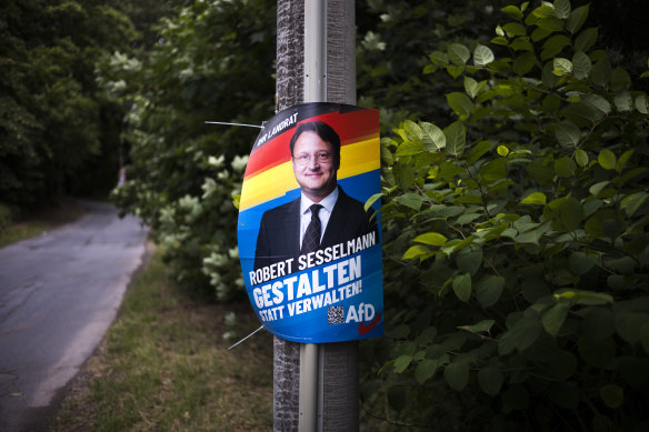 A campaign poster of far-right AfD candidate Robert Sesselmann in the small city Sonneberg.