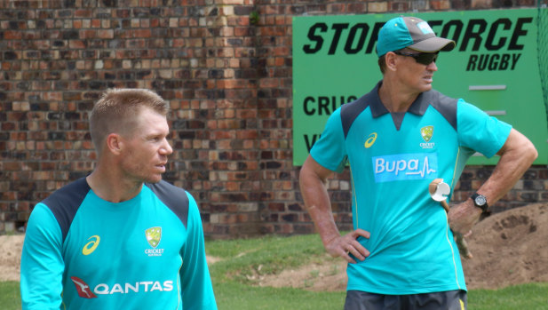 David Warner, who was at the centre of the drama in Durban, with batting coach Graeme Hick during a training session ahead of the second Test in Port Elizabeth.