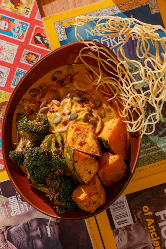Khow suey, coriander noodles, charred broccolini, fried pumpkin and pepitas.