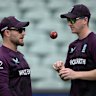 Harry Brook (right) touches base with England coach Brendon McCullum at training in Adelaide. 