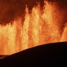 View of the lava fountains pouring out from the new eruptive fissure opened at Svartsengi volcanic system, Iceland, this week. The fissure is 3km north of Grindavik.