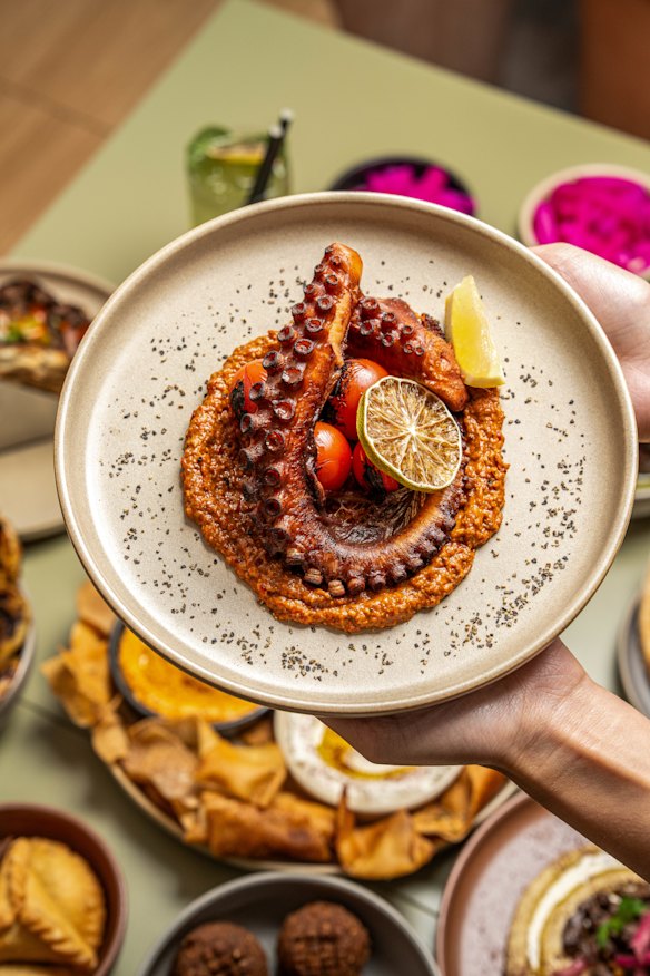 Grilled octopus with muhammara.