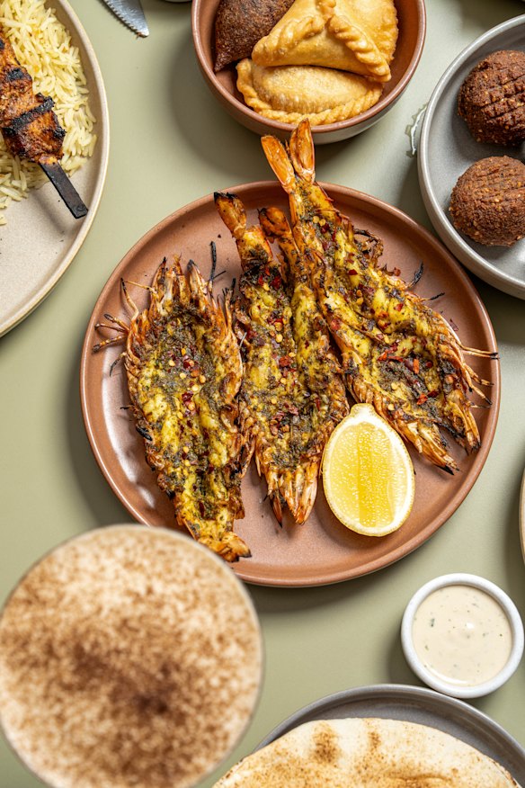 Grilled chermoula prawns. 
