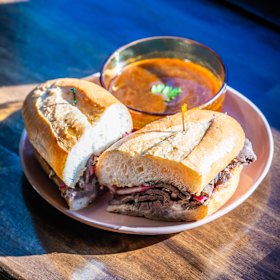 Roasted venison French Dip sandwich.