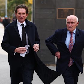 Hird and ex-Essendon chairman Paul Little arrive at Neale Daniher’s state funeral.