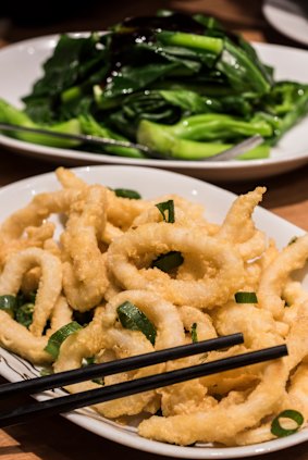 Salt and pepper squid and token greens.