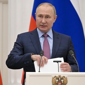 Russian President Vladimir Putin formally recognised the two separatist states before moving “peacekeeping” troops into them.