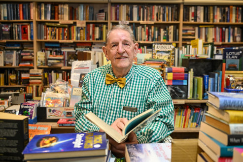Life with books: Rod Cameron is selling The Merchant of Fairness stall at South Melbourne Market.