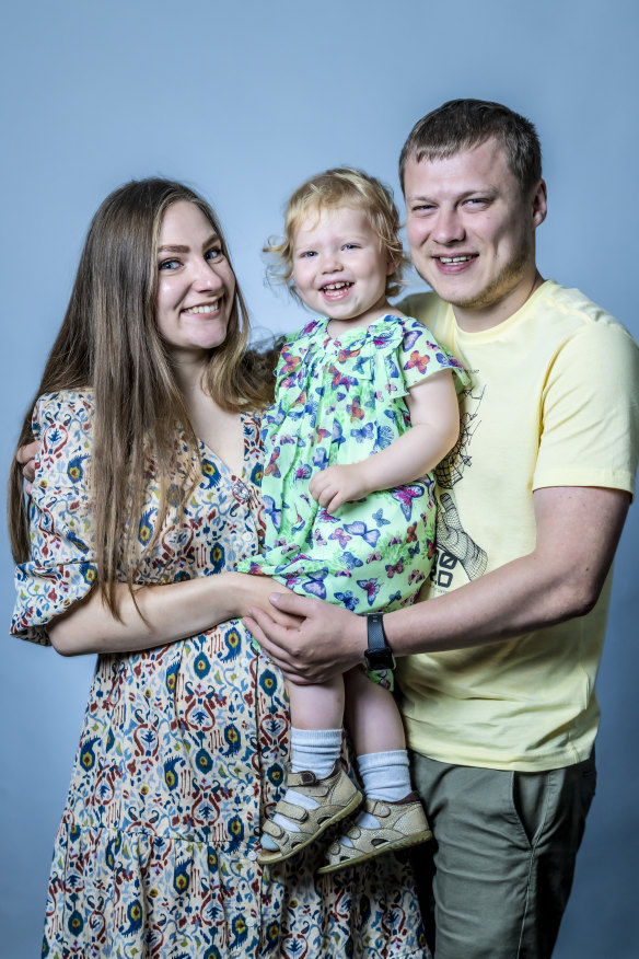 Anna Viktorova in Sydney with daughter Milana and husband Sergei, who arrived in October and hopes a new visa will enable him to apply for work.