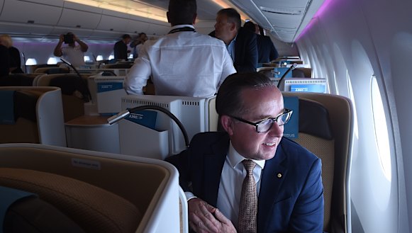 Qantas CEO Alan Joyce on board the Airbus A350-1000 in Sydney.  