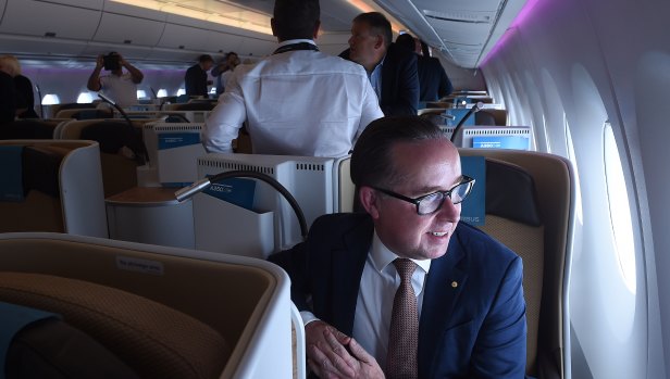 Qantas CEO Alan Joyce on board the Airbus A350-1000 in Sydney.  