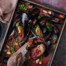 One-tray mussels with smoky tomato and butter beans.