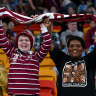 BRISBANE, AUSTRALIA - MAY 16: Queensland fans show their support during game one of the 2024 Women’s State of Origin series between Queensland and New South Wales at Suncorp Stadium on May 16, 2024 in Brisbane, Australia. (Photo by Bradley Kanaris/Getty Images)