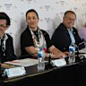 Olympic Games executive director Christophe Dubi, cooridination committee chair Mikee Cojuangco-Jaworski, with Brisbane 2032 president Andrew Liveris and chief executive Cindy Hook addressing media at Suncorp Stadium on Thursday,