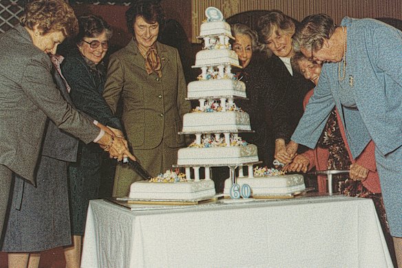 Former CWA of WA state presidents Lola Lundy, Irene Hooper, Patricia Smeeton, Mary Shearer, Dame Raigh Roe, Marjorie Maughan, Lilian Higgins and Merle Simonsen celebrate the association’s 60th anniversary in 1994.