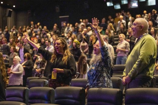 Praise the Lord: the City on a Hill Sunday morning congregation at a Melbourne CBD cinema.