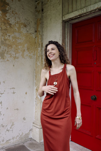 Bianca Spender âTempoâ gown, $695. Jewellery Biancaâs own.