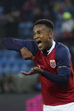 Goal hungry: Ola Kamara of Norway celebrates after completing his hat trick against Australia.