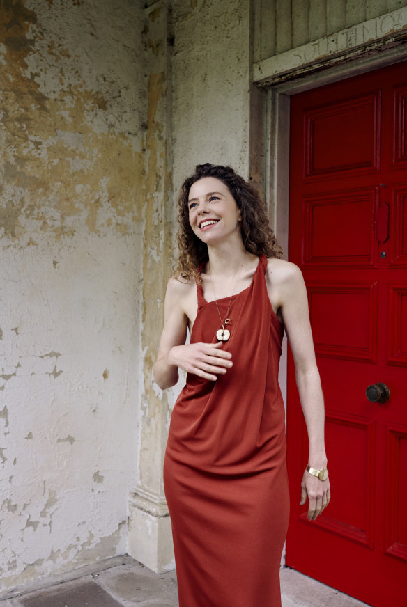 Bianca Spender “Tempo” gown, $695. Jewellery Bianca’s own.