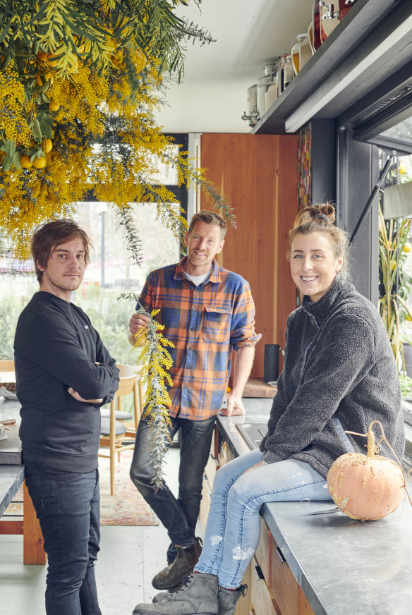 Matt Stone, left, Joost Bakker and Barrett in the Future Food System kitchen. All produce is grown on site: “It’s food metres, not miles,” says Barrett.