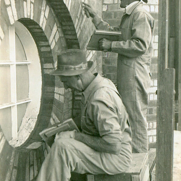 Arthur Heath (Joanne's father) at work on one of the restorations of The Old Museum c. 1950-60 