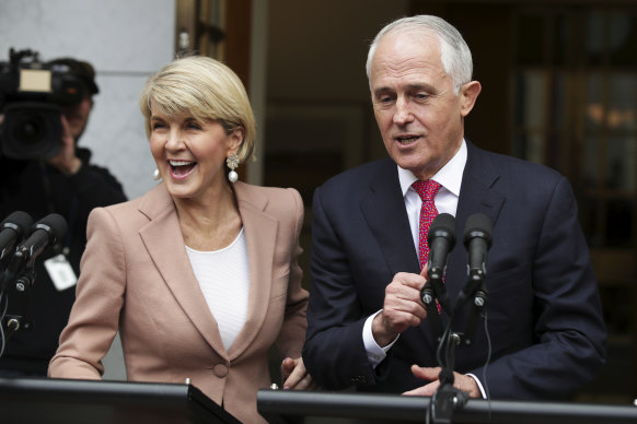 Then-deputy Liberal leader Julie Bishop and Prime Minister Malcolm Turnbull speak to the media after the first challenge.