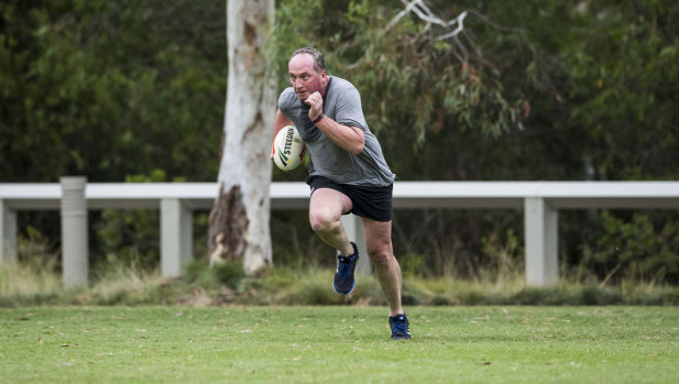 Barnaby Joyce playing touch football on Tuesday morning at Parliament House.