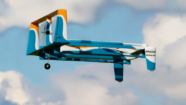 The first Amazon Prime Air delivery by drone in 2016: Amazon's goal is to develop a fleet of unmanned aerial vehicles that can swiftly send packages to customers in 30 minutes or less.