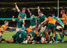 DUBLIN, IRELAND - NOVEMBER 30:  Ireland celebrate as Gus McCarthy scores the match winning try during the Autumn Nations Series 2024 match between Ireland and Australia at the Aviva Stadium on November 30, 2024 in Dublin, Ireland. (Photo by David Rogers/Getty Images)