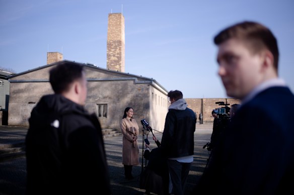 German Foreign Minister Annalena Baerbock briefs the media after her visit to the former Nazi women’s concentration camp Ravensbrueck near the city Fuerstenberg, Germany.