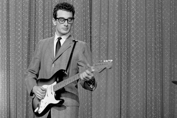 Buddy Holly on The Ed Sullivan Show in 1957, playing a sunburst Stratocaster.