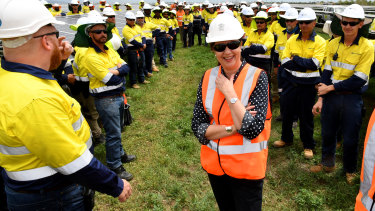 Annastacia Palaszczuk with workers at the Clare Solar Farm project in Ayr.