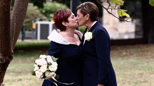 Christine Forster and Virgina Edwards in the Royal Botanical Gardens before the ceremony . 