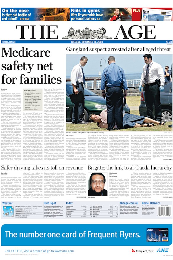 Photographer Angela Wylie was driving through Port Melbourne on November 17, 2003 when she spotted detectives arresting Carl Williams, then a major suspect in Melbourne’s bloody underworld war.
Williams was arrested after allegedly threatening to kill a Purana taskforce detective investigating him over underworld murders and the investigator’s wife.
“Last night senior officers were implementing a Threats Against Serving Members emergency plan (THASM) to protect the couple,” chief crime reporter John Silvester wrote.

“Williams was kept under surveillance as he had lunch at a St Kilda cafe yesterday and the SOG [Special Operations Group] grabbed him as he drove down Beaconsfield Parade.”

In 2006, Williams was sentenced to life in prison with a minimum of 35 years over three murders and one conspiracy to murder. He was bludgeoned to death in prison in 2010.