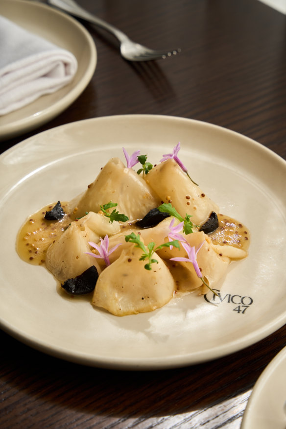 Shaved celeriac with mustard and truffle honey. 