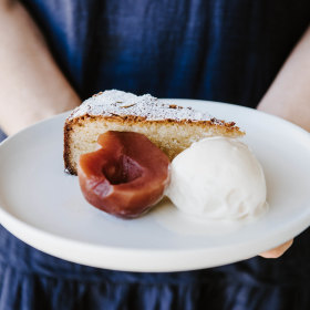 Almond and coconut torte with red wine poached pears. 