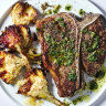 Sizzling T-bone steaks are paired with a tangy salsa verde and artichoke chips in this summer recipe.