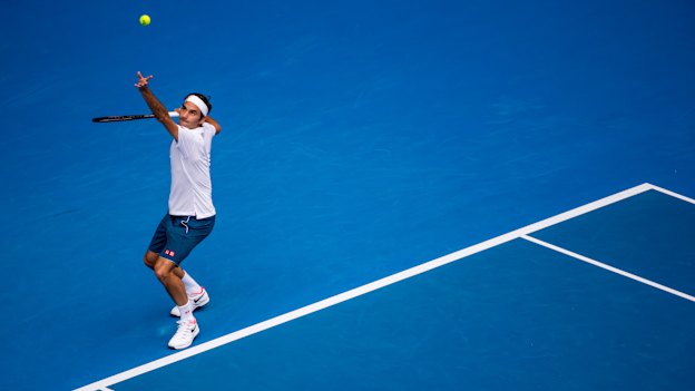 Roger Federer serving at last year’s Australian Open. The Swiss great has been coming to Melbourne for two decades.