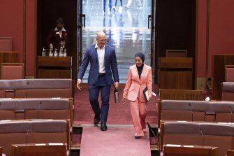 New Senators David Pocock and Fatima Payman arrive during the opening of the 47th Parliament, at Parliament House in Canberra on Tuesday 26 July 2022.